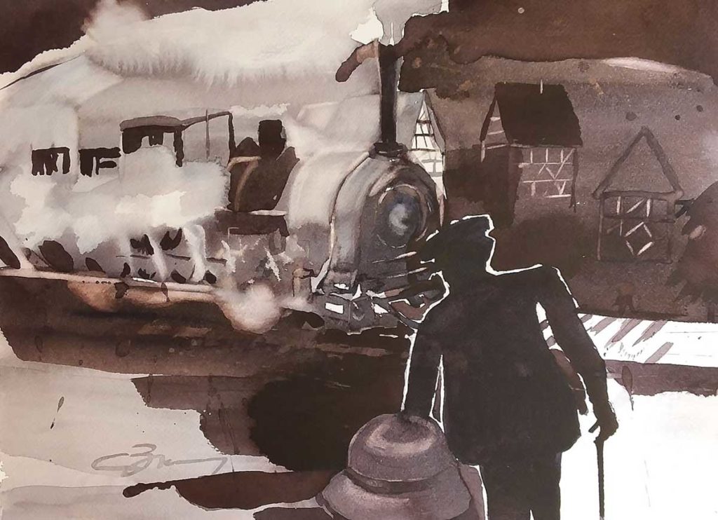 Aquarelle représentant un homme sur un quai et une locomotive vapeur